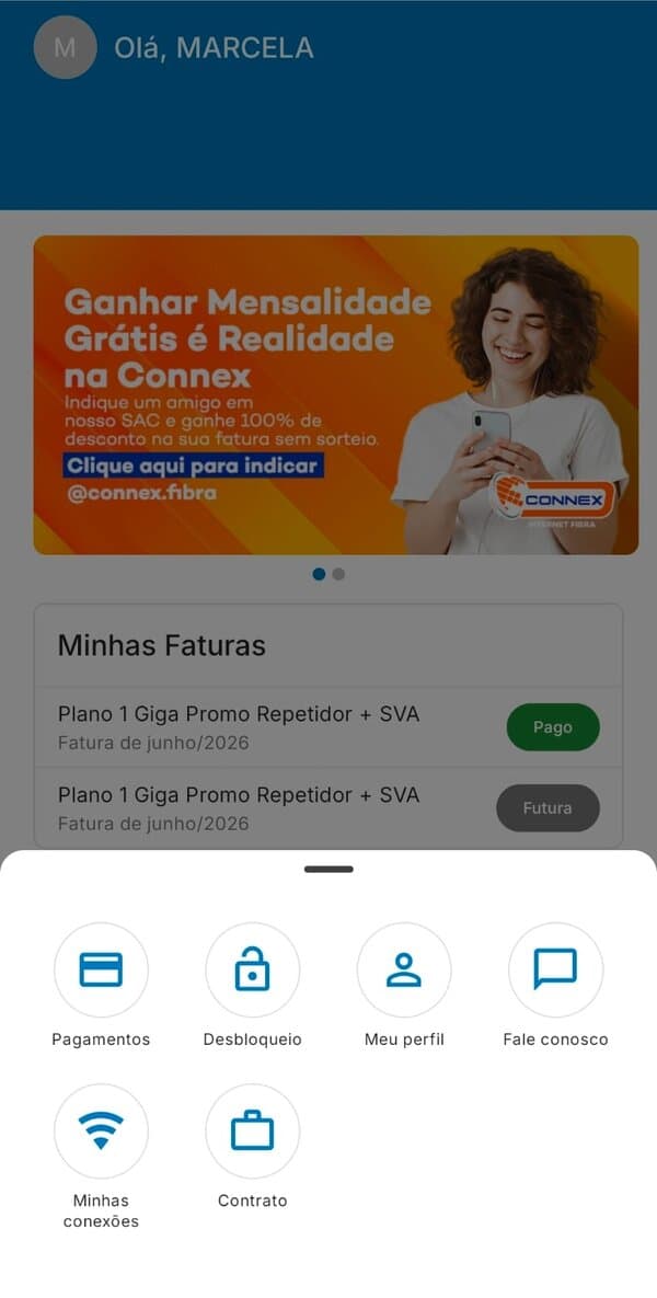 Tela do aplicativo Minha Connex com a fatura em aberto